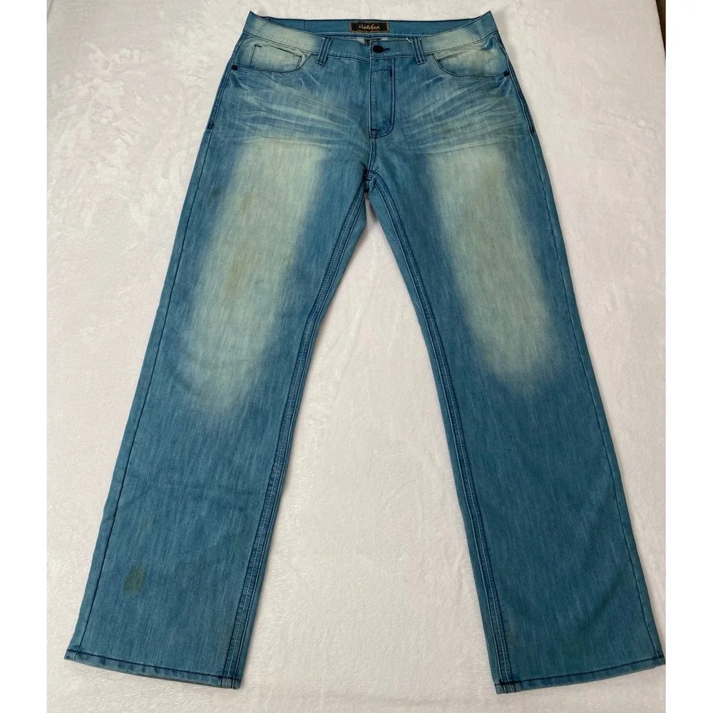 Halifax Mens Straight Leg Jeans Light Blue‎ Denim 38W 34L Embroidered Pockets